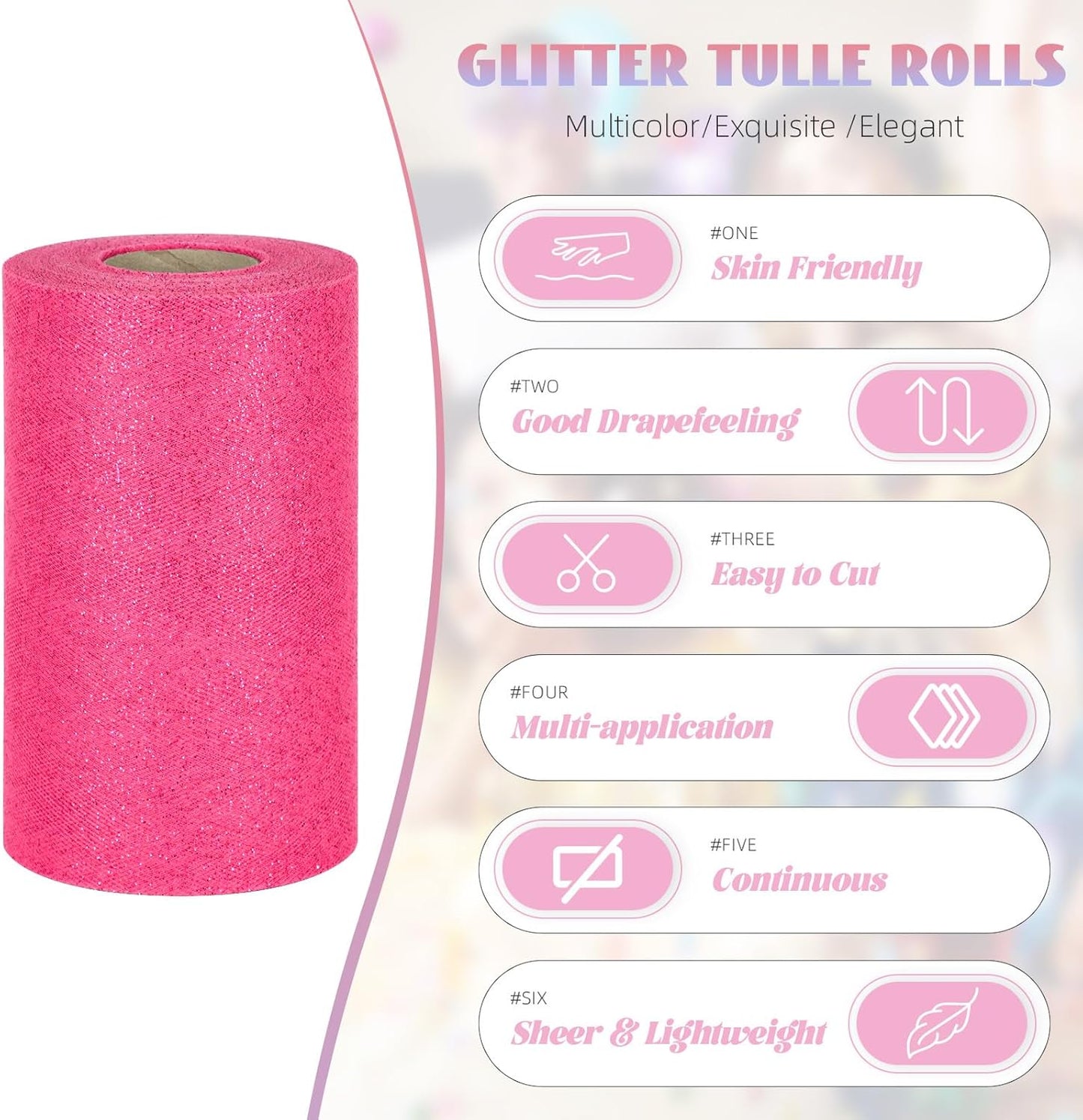 Glitter Tulle Rolls 6” by 50 Yards Sparkle Tulle Fabric Ribbon Sequin Tulle Netting Rolls for DIY Tutu Skirt Wedding Birthday Party Decoration (Fuchsia)