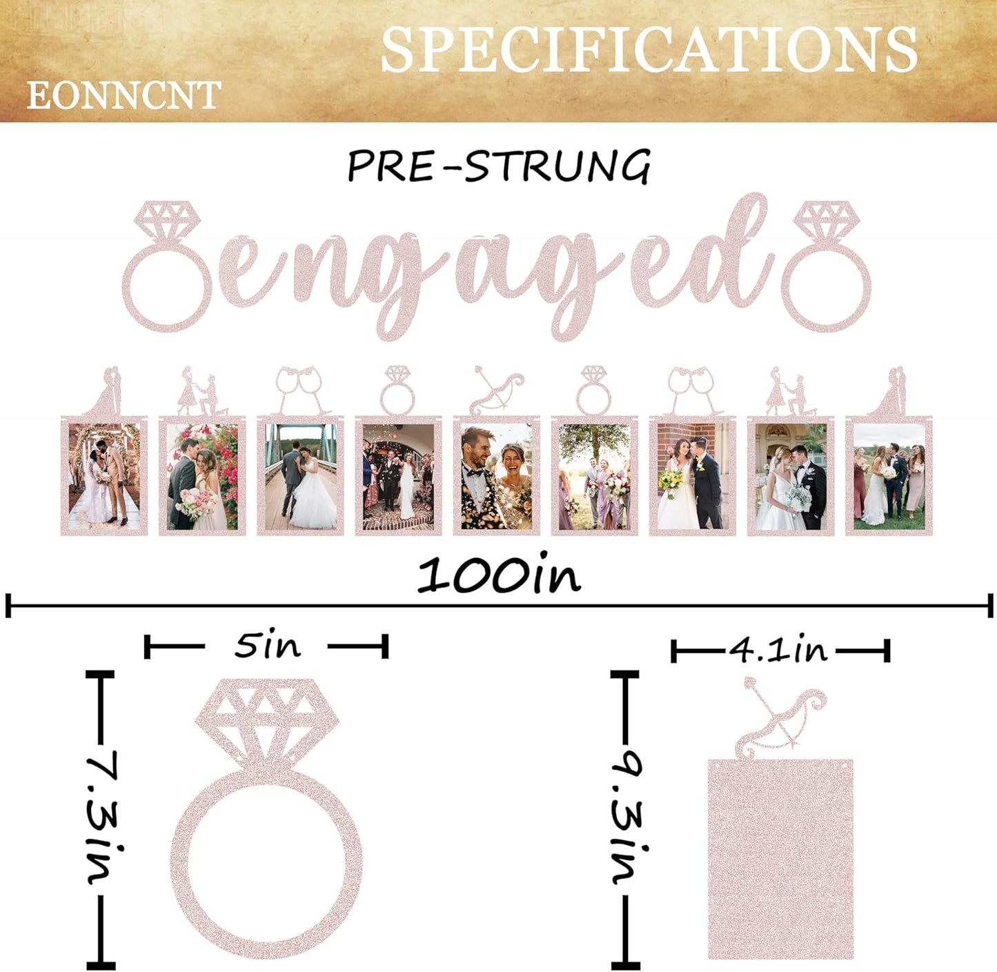 Pre-Strung Engaged Photo Banner - Rose Gold Glitter Engagement Party Decoration Supplies with Romantic Memories Picture Card Frames for Bachelorette, Bridal Shower, Wedding Party Photo Booth Props