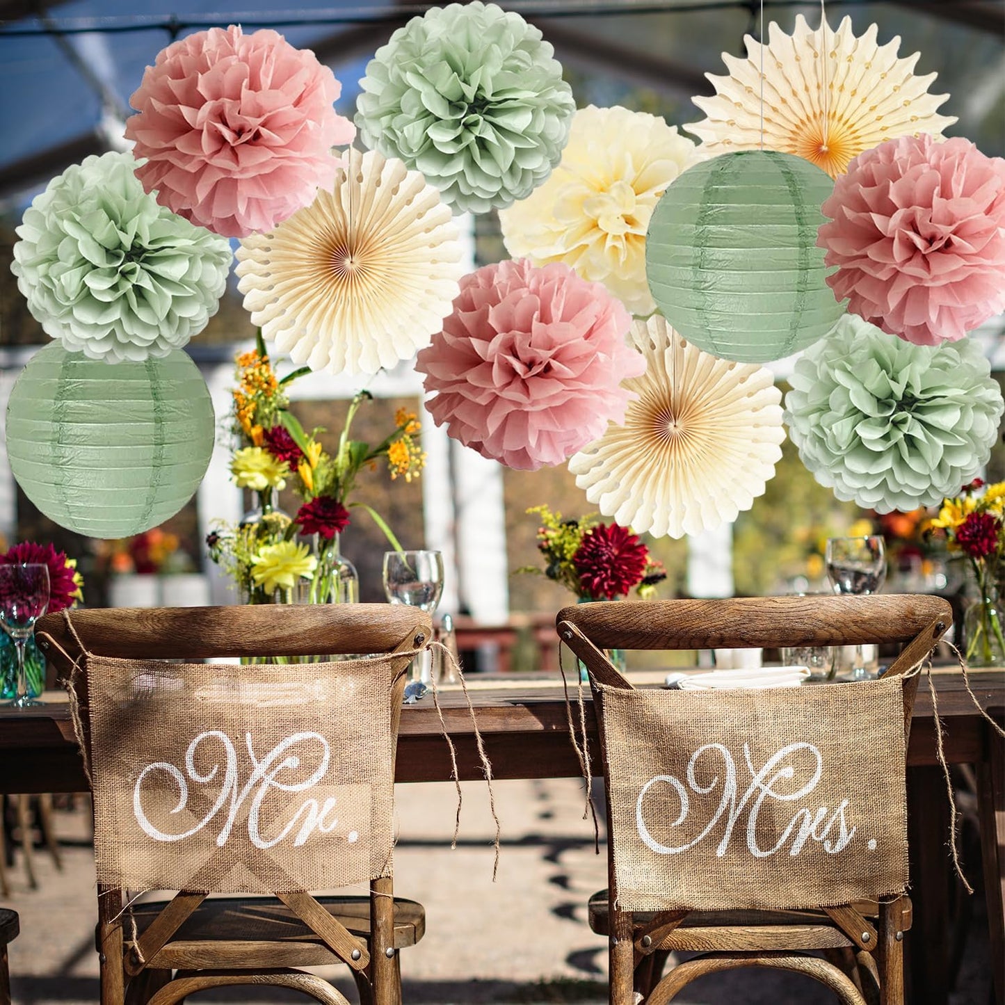 Dusty Pink and Sage Green Party Decorations Dusty Rose Sage Green Tissue Pom Poms Paper Lanterns Confetti Dots Scatter Table Decoration for Women Girls Birthday Party Wedding Baby Shower Engagement