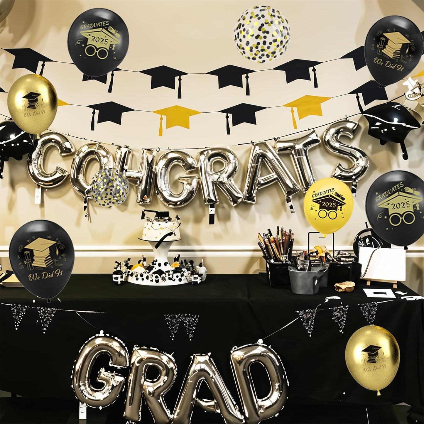 2025 Graduation Balloons, 12 Inch Black and Gold Congratulations Congrats Confetti Balloons for Graduation Party Black and Gold Birthday Decorations