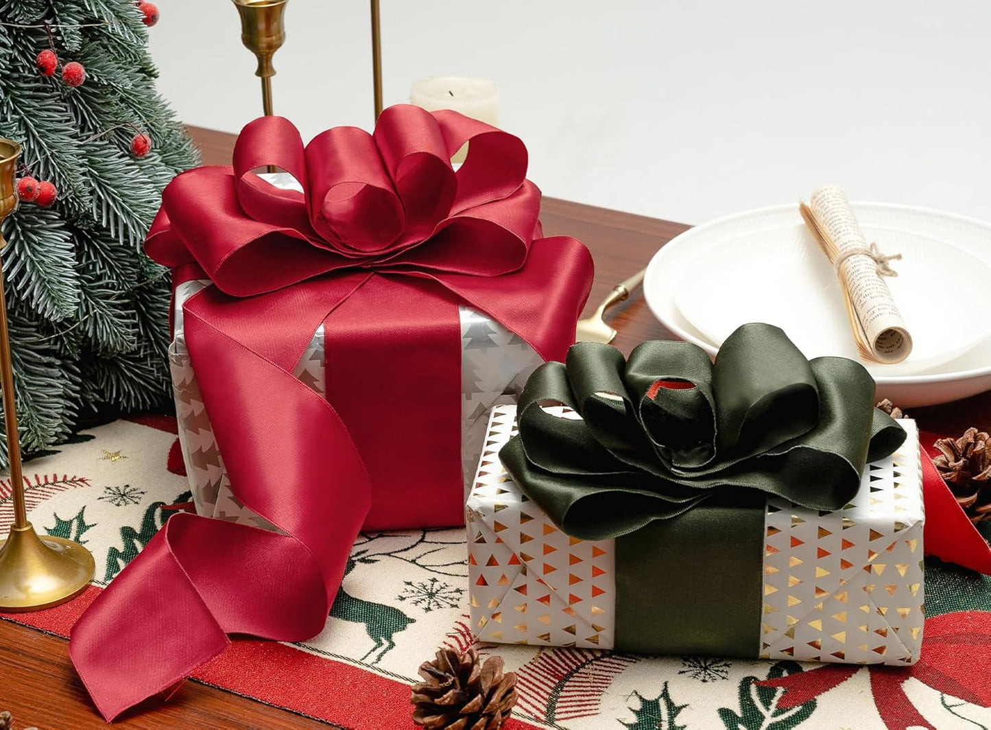 Moss Green Satin Ribbon Double-Faced Wired Ribbons for Gift Wrapping Flower Bouquet Bows Wedding Invitation Christmas Decor Crafts 2-1/2 Inch 10 Yards