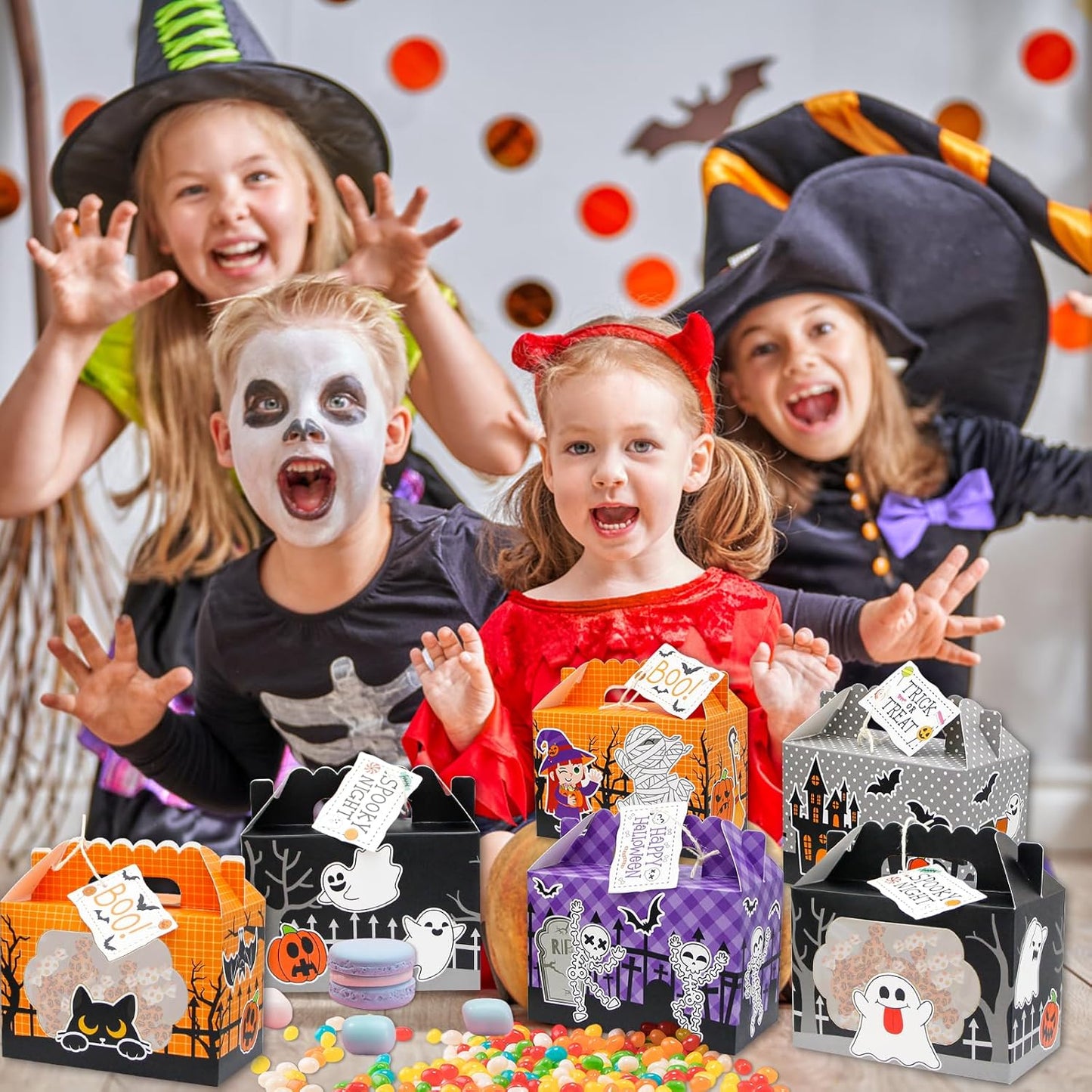 24 Pack Halloween Treat Boxes, Trick or Treat Candy Boxes with Window Halloween Party Favors Gift Goodie Boxes Supplies for Cookie Biscuit Donuts Dessert Cupcake Pie