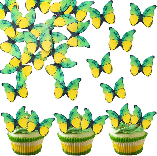 Ephlyn 48Pcs Edible 3D Cute Butterfly Cupcake Toppers for Baby Shower, Bridal Shower, Boys Girls Birthday Party Cake Decorations Supplies - Yellow, Green