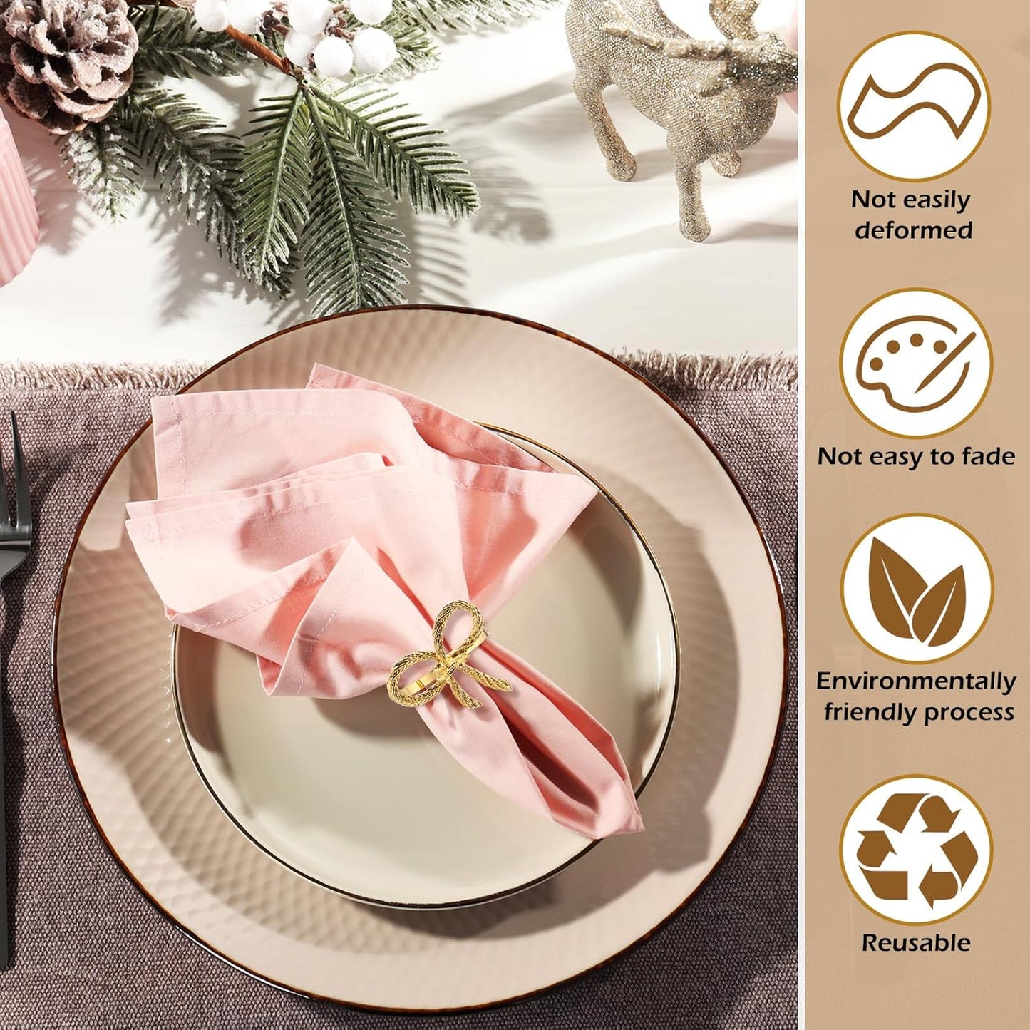 Bokon 50 Pcs Gold Napkin Rings Metal Napkin Holders Rings Bulk for Dining Anniversary Wedding Dinner Birthday Holiday Party Banquet Table Decoration (Bow Tie)