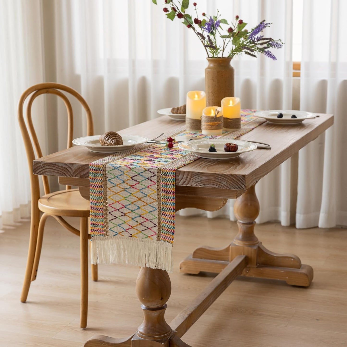 Boho Table Runner Colorful for Home Decor 12x48 Inches Farmhouse Macrame Burlap Jute Rustic Dining Kitchen Centerpiece Bohemian Decor French Country Baby Bridal Shower Decorations