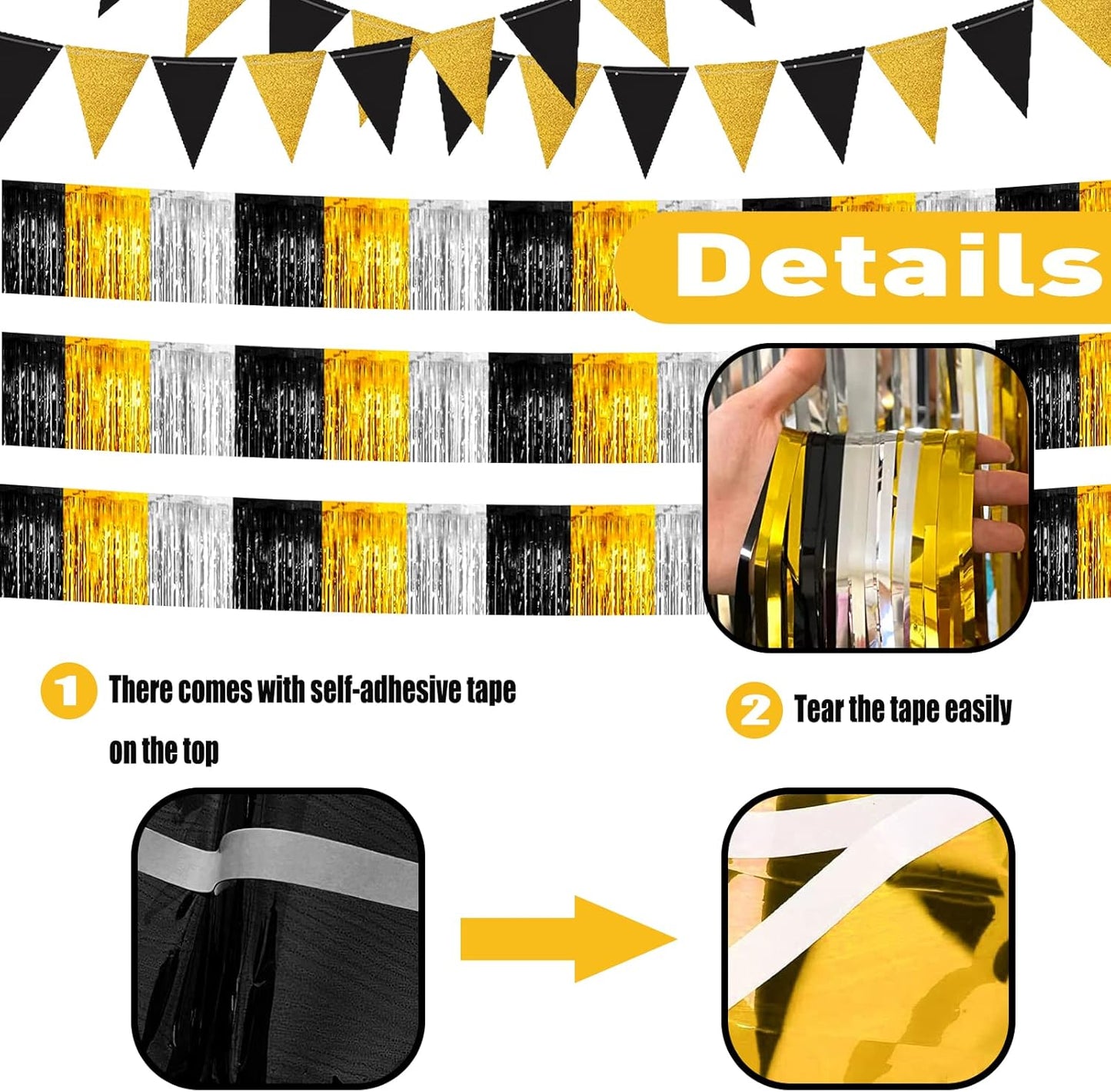 6 Pack 10 Feet Black Gold Silver Foil Fringe Garland Metallic Tinsel Streamers Banner Wall Hanging Backdrop Banner for Parade Floats, Thanksgiving, Christmas, Birthday, Halloween Party Decorations