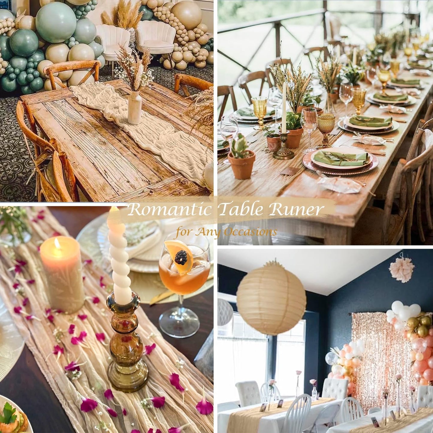 6 Pack Champagne Cheesecloth Table Runners Fall Thanksgiving Cheese Cloth Table Runner 10FT Boho Sheer Gauze Runner 35x120 Inches Long for Bridal Shower Wedding Baby Shower Party Decor