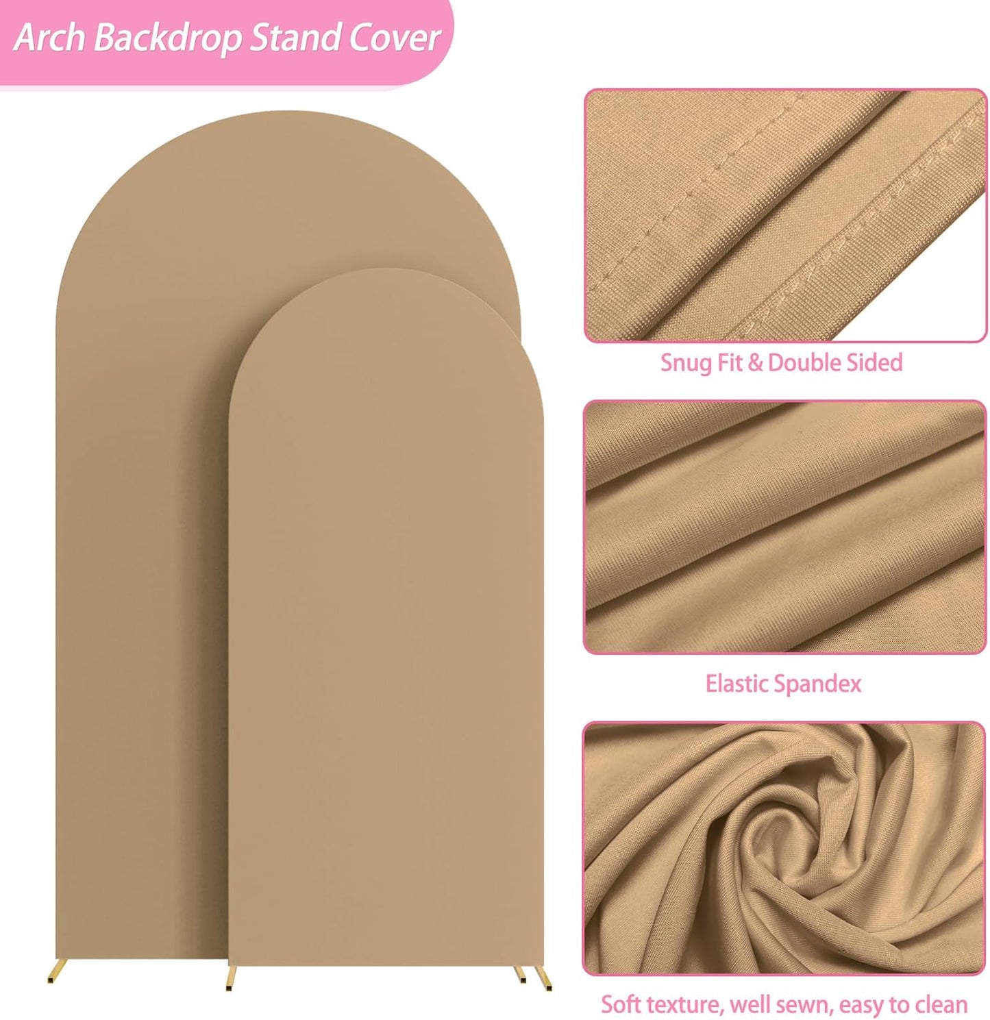 Fomcet Wedding Arch Cover 7.2FT, 6FT Khaki Spandex Fitted Fabric Arch Backdrop Covers 2 Set for Round Top Chiara Arched Backdrop Stand Cover for Wedding Birthday Party Baby Shower Decor
