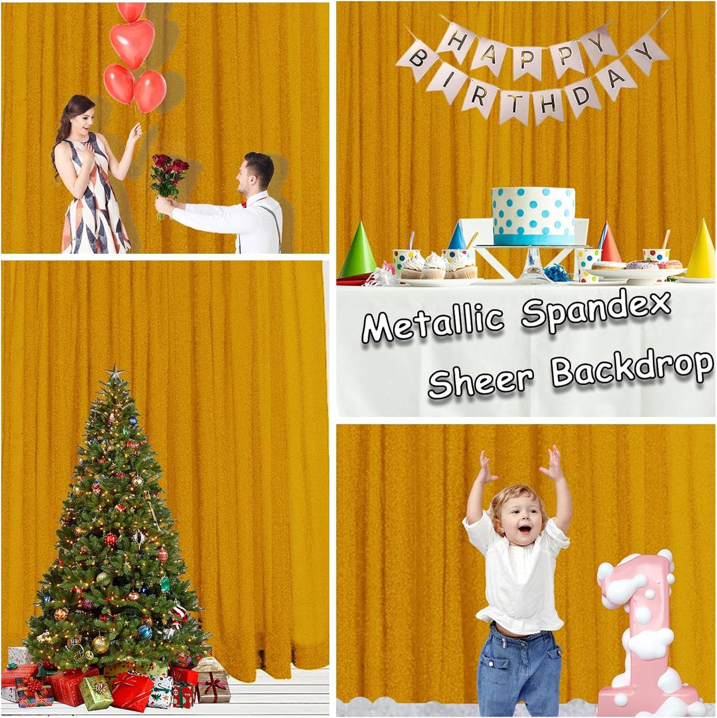 10ft x10ft Gold Metallic Spandex Backdrop Drapes Curtains, 1 Panel Glitter Sheer Photography Background, Stretchy Spandex Fabric for Wedding, Party, Baby Shower, Photo Booth Decor