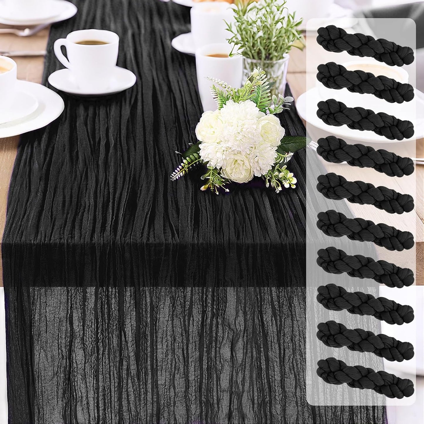10-Pack Black Cheesecloth Table Runners – 10FT (35x120 Inch) Boho Rustic Gauze Fabric Cheese Cloth Table Runner for Weddings, Baby Showers, Bridal Shower, Farmhouse & Birthday Party Decor