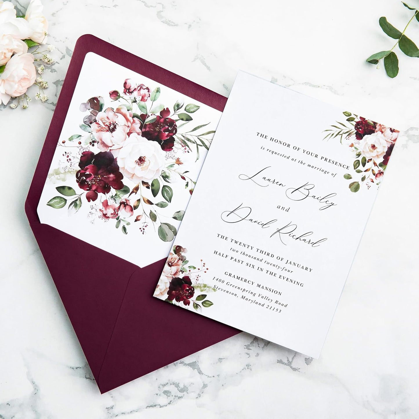 PONATIA 50PCS A7 Euro Flap Envelopes, 5.25 x 7.25'' Burgundy Flowers Liner Envelope for 5x7'' Wedding Invitation Cards, Christmas Gift Cards, Acrylic Invitations, Photos
