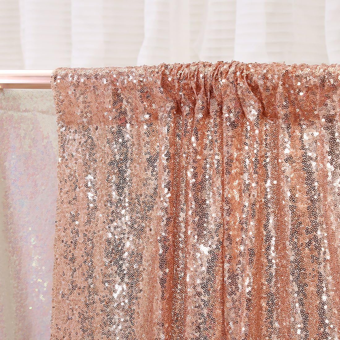 Poise3EHome 8FT x 8FT Rose Gold Sequin Backdrop Curtain Photography for Party Decoration, Rose Gold