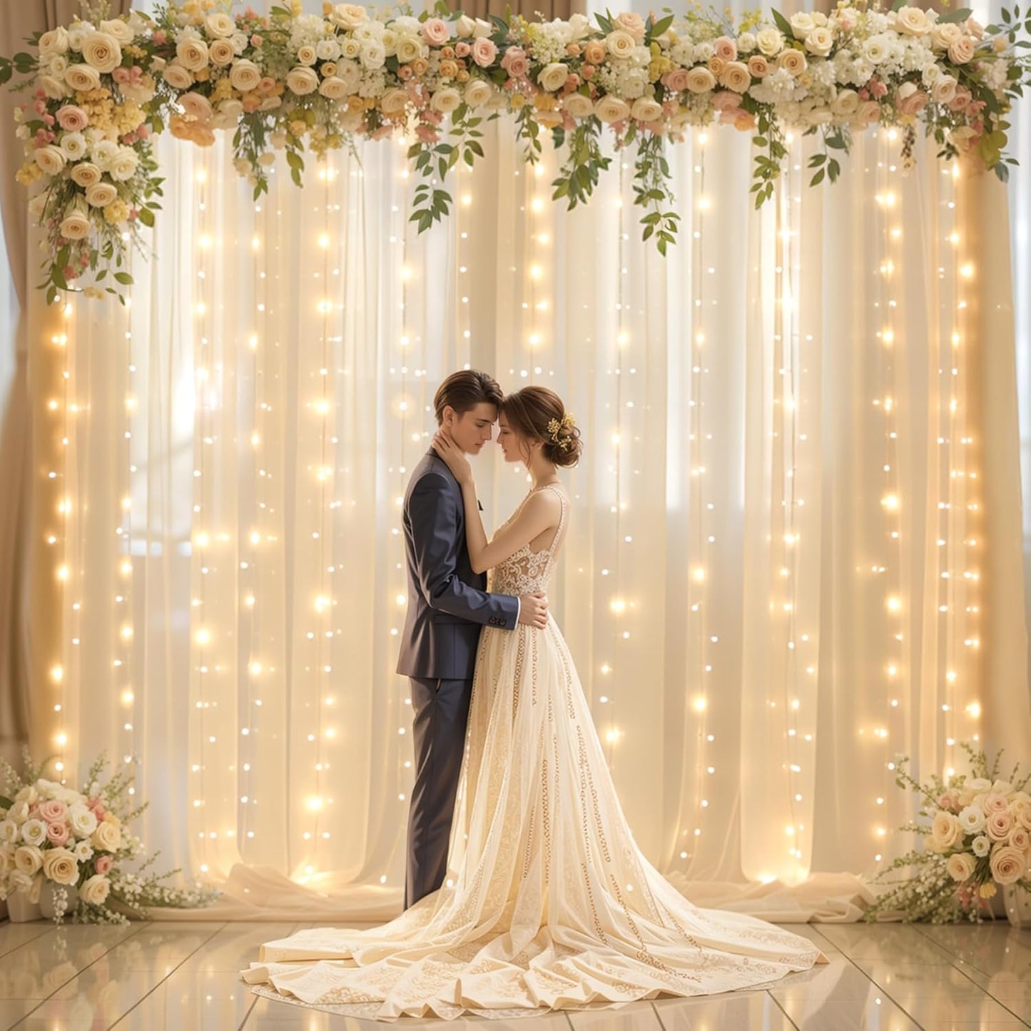 10x10ft Champagne Backdrop Curtain with Lights for Wedding Parties, Chiffon Curtains Backdrop with Lights for Baby Shower Bridal Shower Birthday Party Ceremony Reception