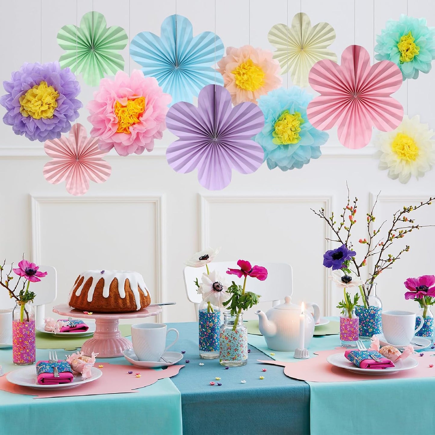 BestoFun 12PCS Paper Flowers Fans Pastel Party Decorations Tissue Paper Flowers Decorations for Girl Groovy Birthday Baby Shower Wedding Bachelorette Room Wall Hanging Décor