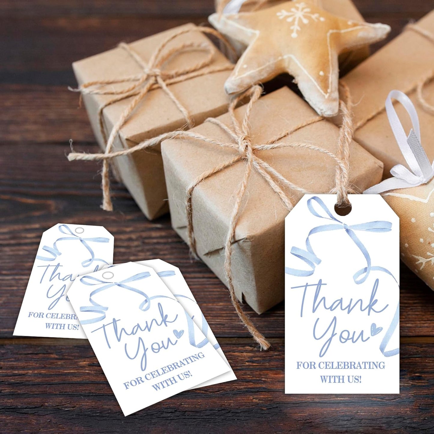 Thank You Gift Labels with String, 2x3.5 Inch Thank You for Celebrating with Us Tag, Blue Bow Print, Gift Tags for Birthday Party Baby Bridal Shower Wedding Favor-A14
