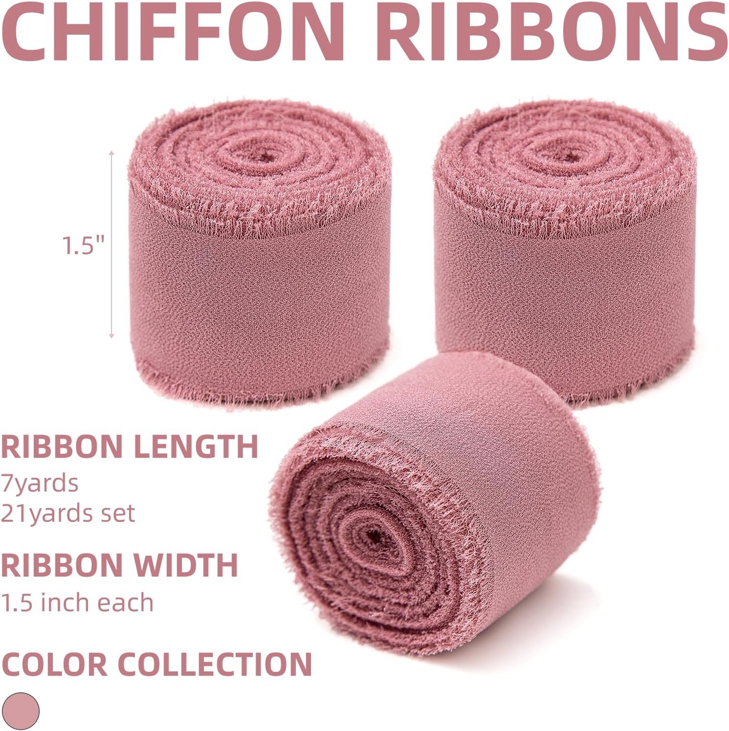 3 Rolls Dusty Rose Handmade Chiffon Ribbon,1.5" x 21Yd Frayed Fringe Silk Mauve Ribbons (3 Rolls *7Yd) for Gifts Wrapping, Wedding Invitations, Bridal Bouquets, Decorations