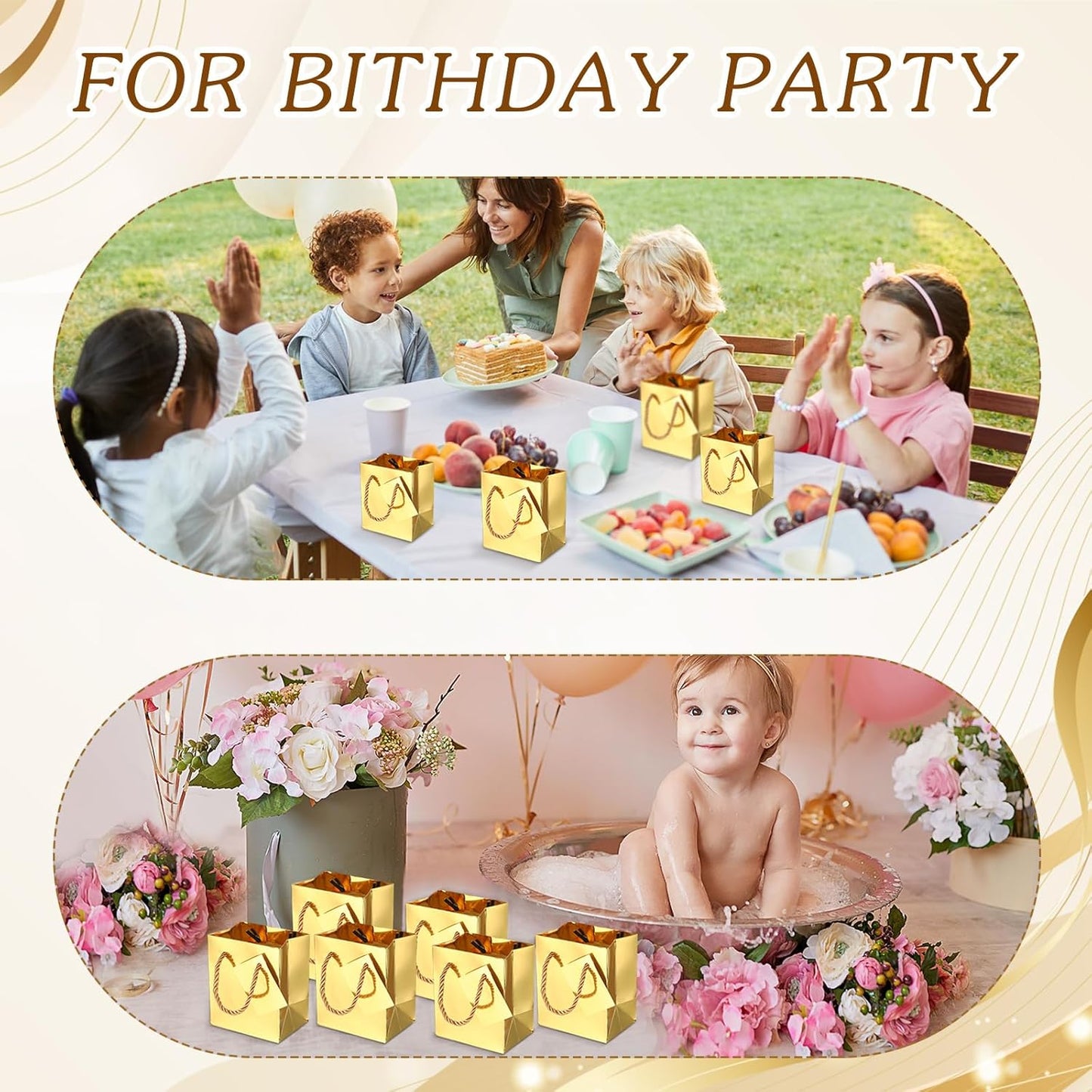 Sherr 100 Pack Mini Gift Bags Bulk, 4 x 2.75 x 4.5 Inches Paper Bags with Tags, Extra Small Paper Gift Boxes with Handles for Birthday, Party Favors, Weddings, Small Business(Gold)