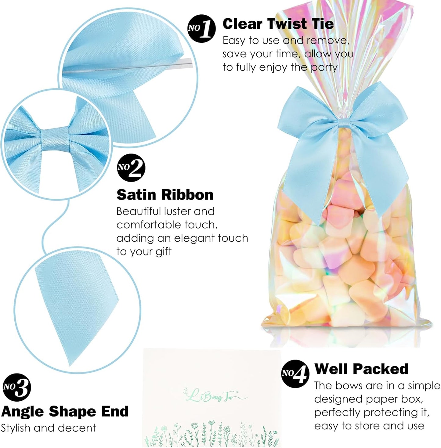 4.5" Satin Ribbon Blue Bows for Gift Wrapping, Twist Tie Bows, Cute Bows for Crafts, Party Favors, Premade Bows Pre-Tied Decorative Bows for Flower Bouquets Candy Apple Bows-24 Counts