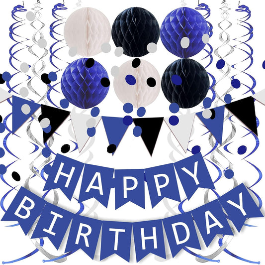 FECEDY Navy Blue White Black Happy Birthday Banner&Cute Flag Bunting Paper Circle Confetti Garland Swirl Streamers Honeycomb Ball for Birthday Party Decorations