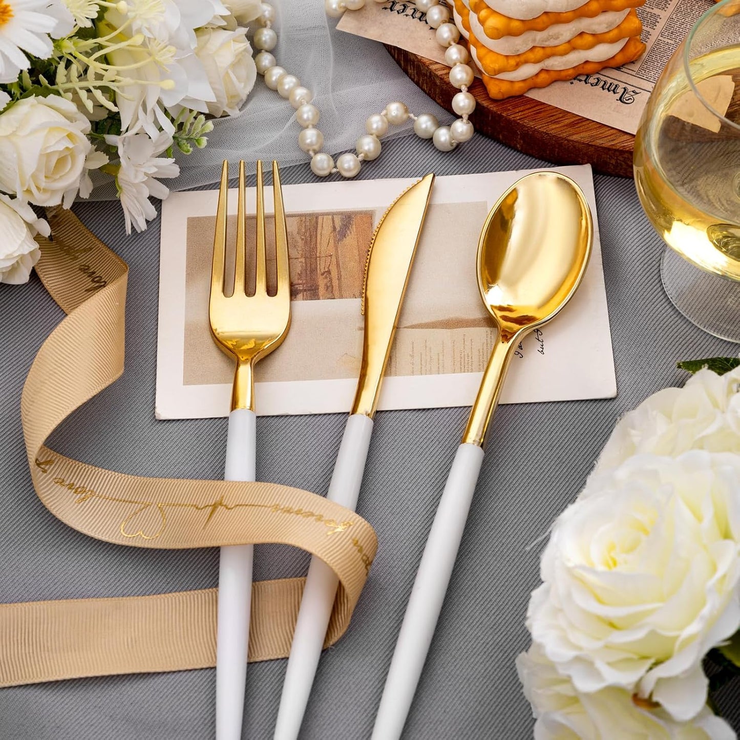 SUT Gold Plastic Silverware, 160Pcs Gold Utensils Set Disposable, 80 Gold Plastic Forks, 40 Gold Knives, 40 Gold Spoons, Gold Plastic Cutlery for Parties, Dinners, Weddings(White Gold)