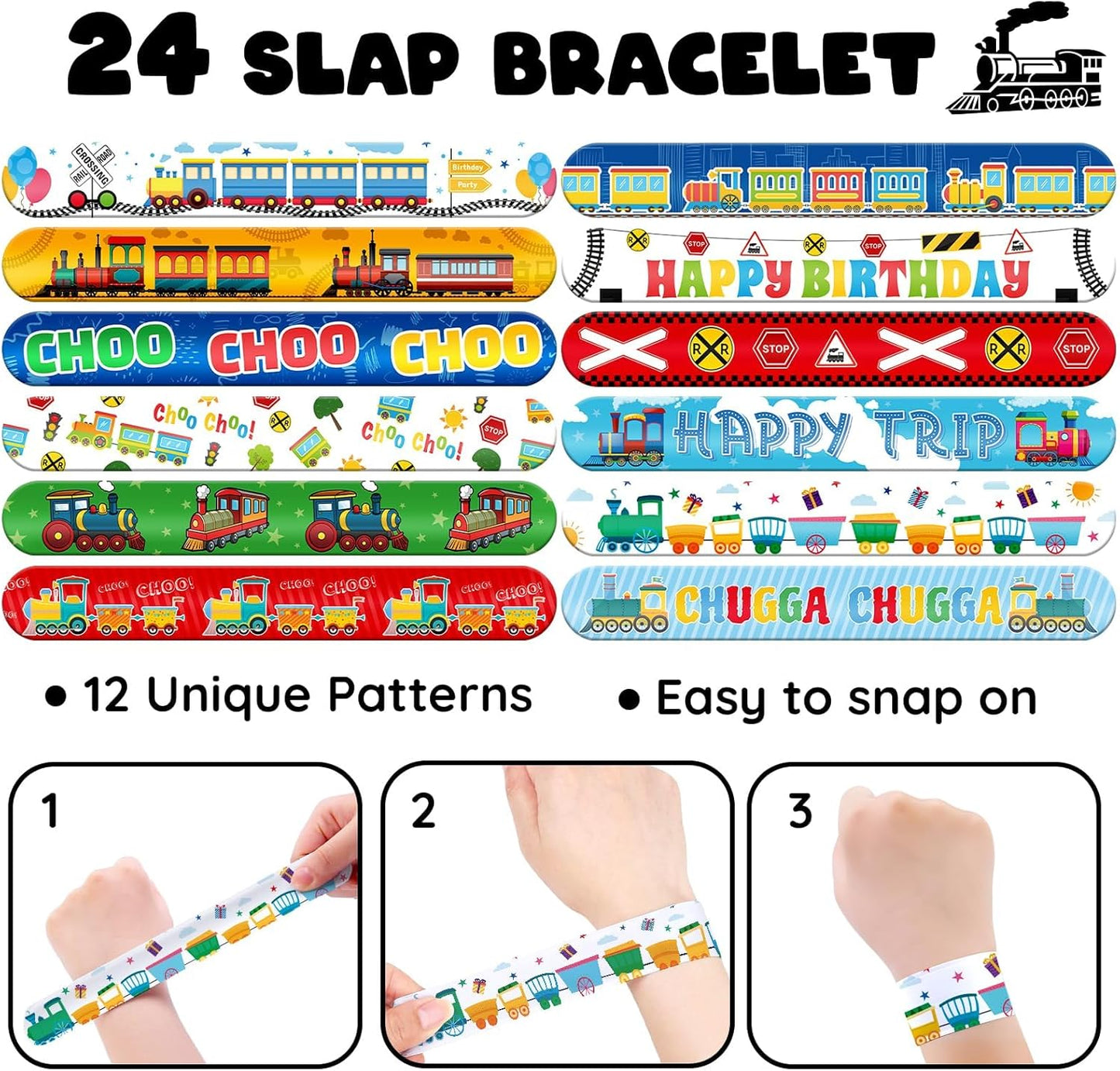 60 PCS Train Party Favors Set - 36 Temporary Tattoos Sticker & 24 Slap Bracelets for Kids, Perfect for Birthday Parties, Classroom Rewards and Gifts