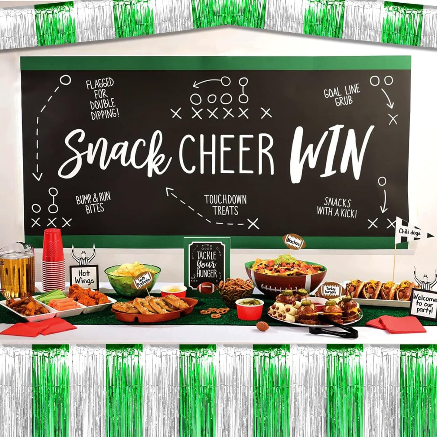 6 Pack 10 Feet Silver Green Foil Fringe Garland Metallic Tinsel Streamers Banner Wall Hanging Backdrop Banner for Parade Floats, Thanksgiving, Christmas, Birthday, Halloween Party Decorations