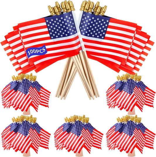 100pcs Small American Flags on Stick, Handheld 8 x 12 Inchs Mini American Flags with Kid-Safe Golden Spear Top, US Flags for 4th of July Decorations Outdoor, Independence Day Decorations