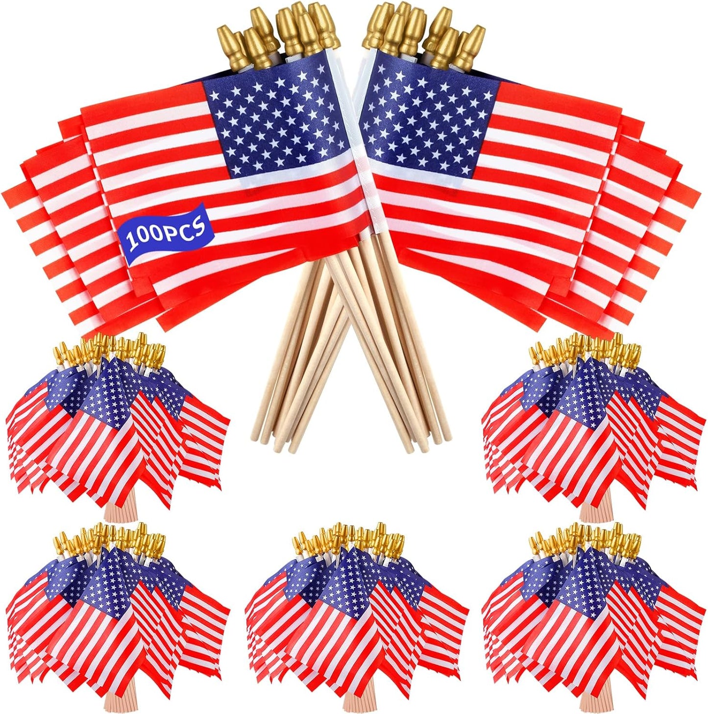 100pcs Small American Flags on Stick, Handheld 4 x 6 Inchs Mini American Flags with Kid-Safe Golden Spear Top, US Flags for 4th of July Decorations Outdoor, Independence Day Decorations