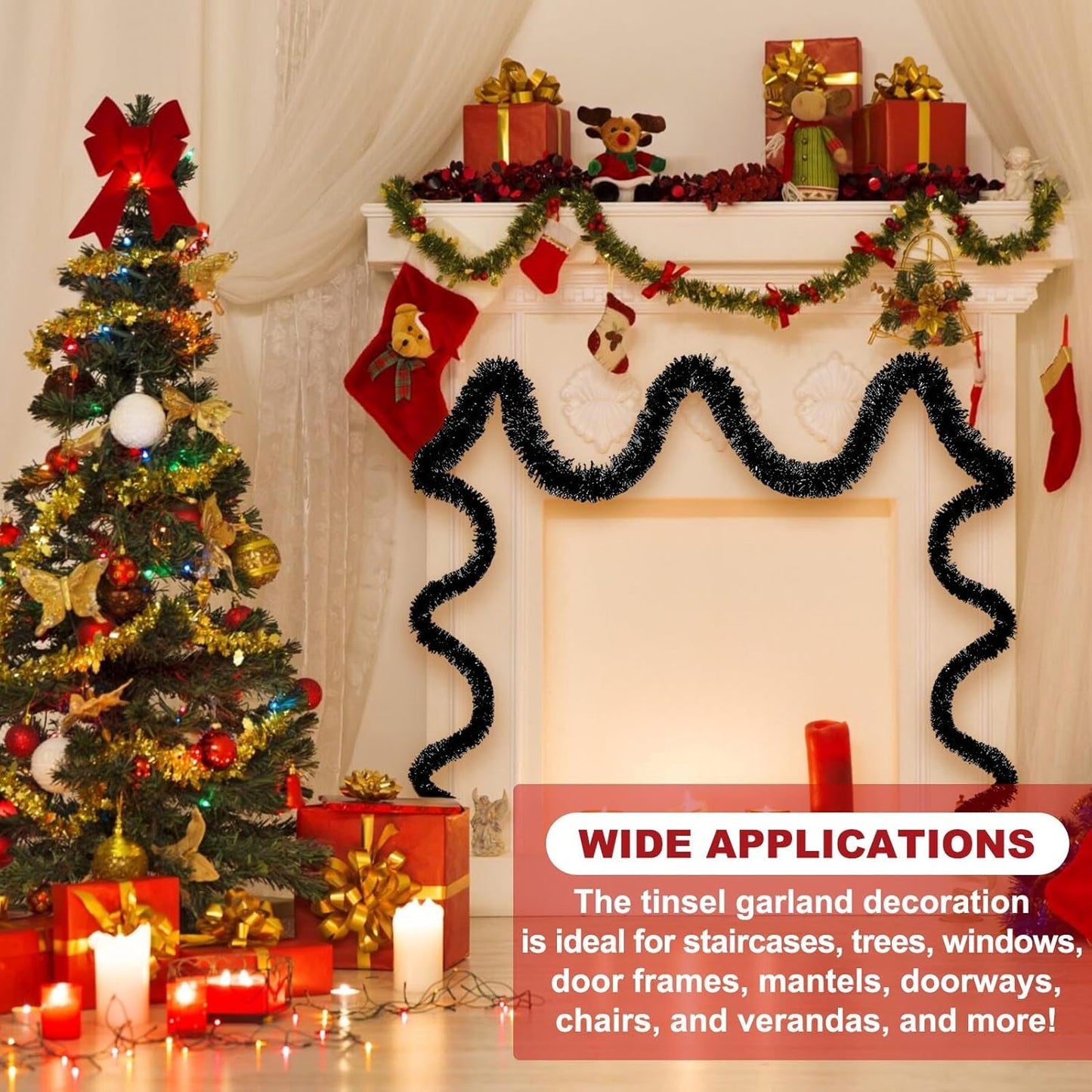 50 Feet Black Christmas Tinsel Garland, Metallic Foil Twist Banner Wall Hanging Tinsel Streamers Backdrop for Parade Floats, Christmas, Mother's Day, Birthday Party Decorations(2in x 50ft)