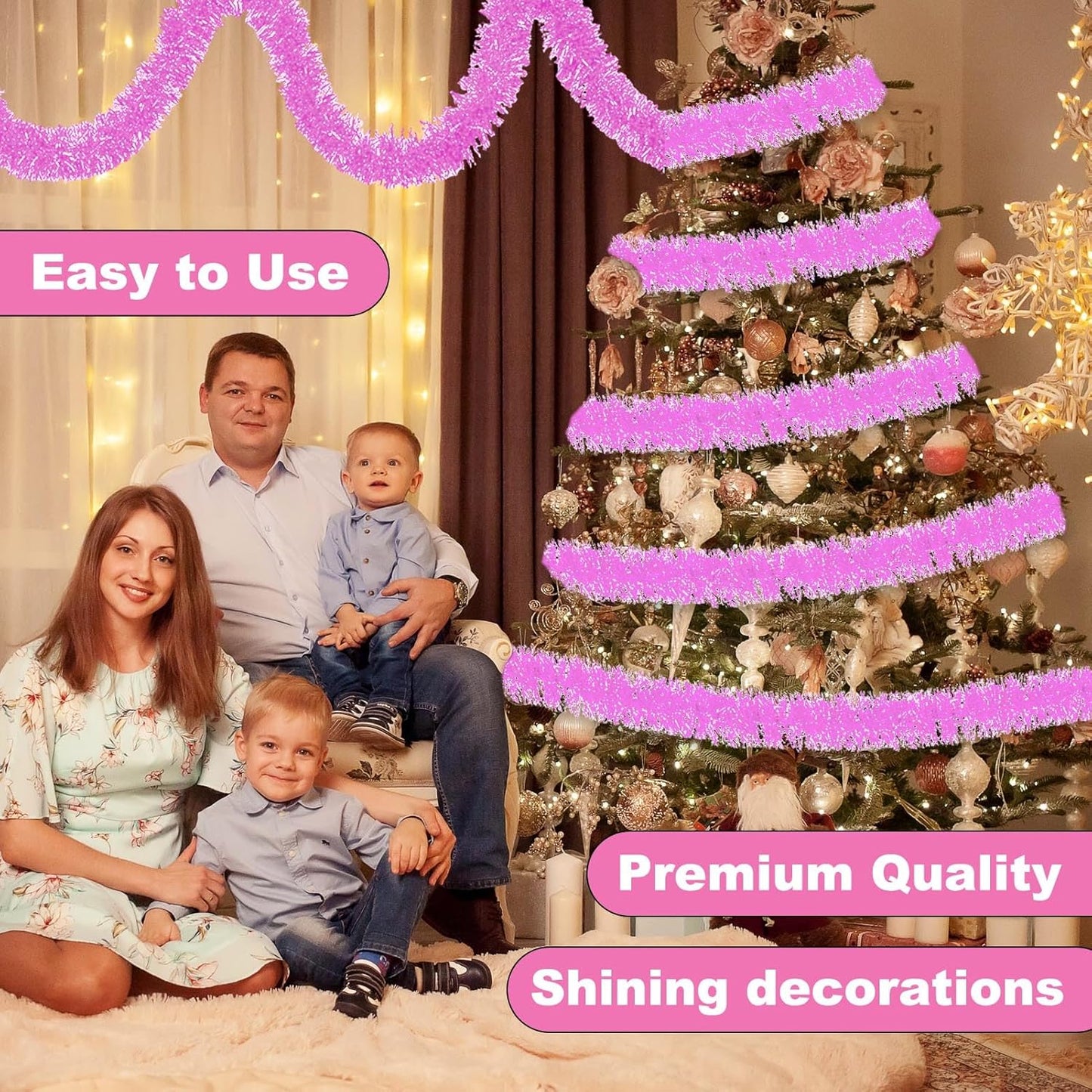 50 Feet Macaron Pink Christmas Tinsel Garland, Metallic Foil Twist Banner Wall Hanging Tinsel Streamers Backdrop for Parade Floats, Christmas, Mother's Day, Birthday Party Decorations(2in x 50ft)