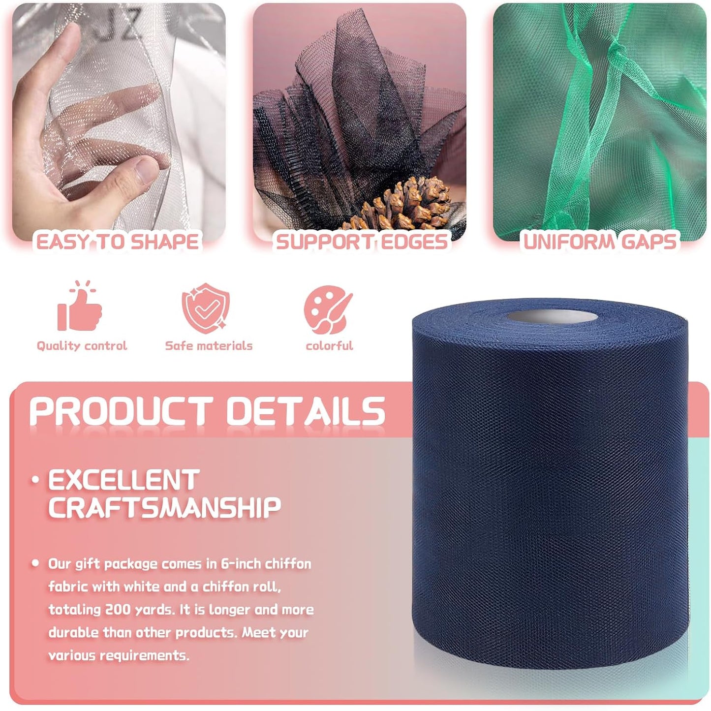 6" x 200 Yards Navy Blue Tulle Fabric Rolls, Blue Spool Tulle Ribbon for DIY Tutu Skirt Wedding Decoration Baby Shower Birthday Party Backdrop Gift Wrapping Bow Craft Supplies