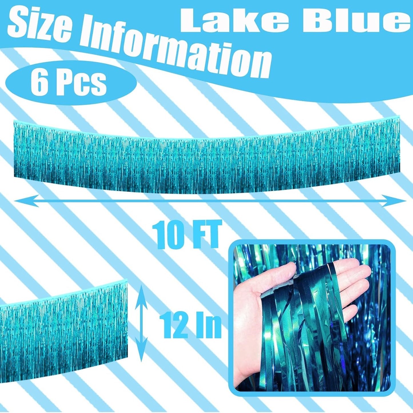 6 Pack 10 Feet Foil Fringe Garland Metallic Tinsel Streamers Banner Wall Hanging Curtain Backdrop Banner for Parade Floats, Thanksgiving, Christmas, Birthday, Halloween Party Decorations(Lake Blue)
