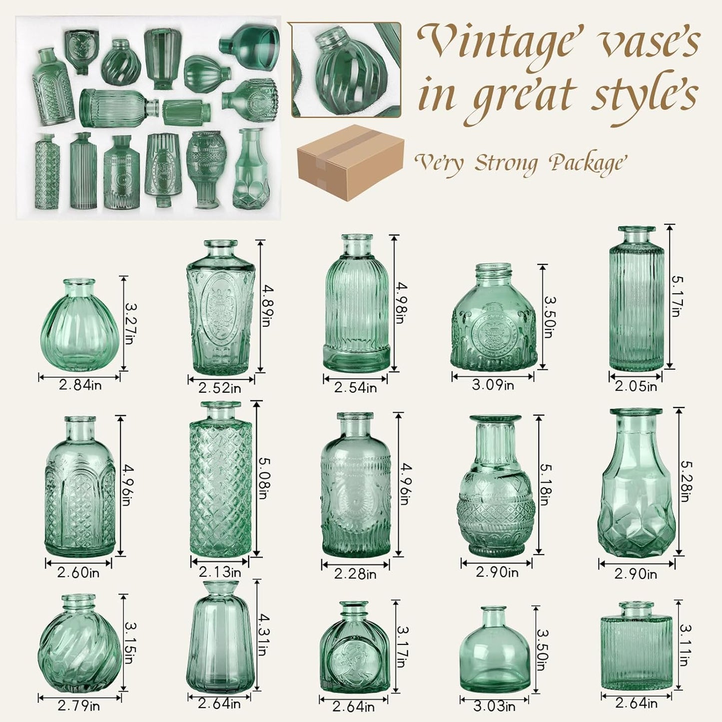 Bud Vases in Bulk 15 Pcs,Small Glass Vases for Flowers as Wedding Centerpieces for Tables,Clear Flower Vases Suitble for Wedding Decorations,Christmas,Anniversary,Birthday Party (Dark Green)