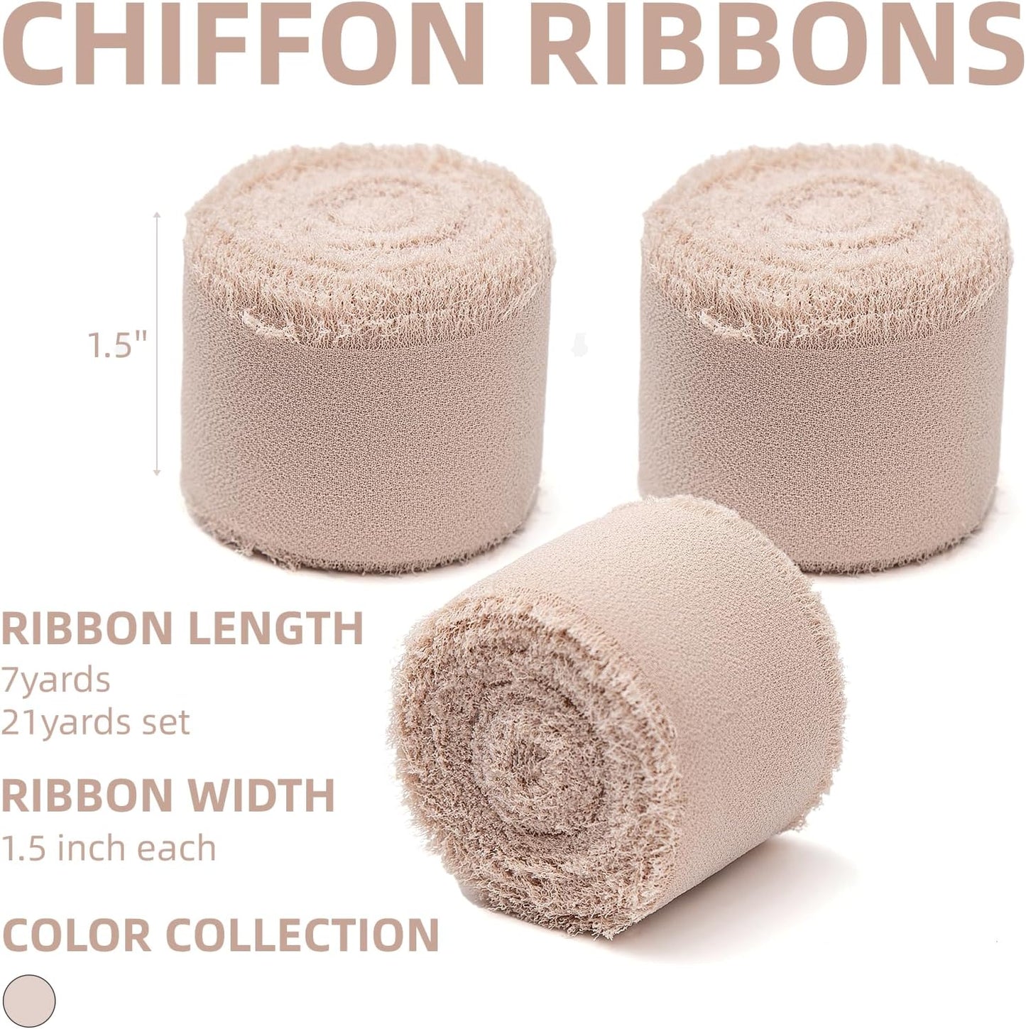 3 Rolls Light Nude Handmade Chiffon Ribbon,1.5" x 21Yd Light Khaki Frayed Fringe Silk Ribbons (3 Rolls *7Yd) for Gifts Wrapping, Wedding Invitations, Bridal Bouquets, Decorations