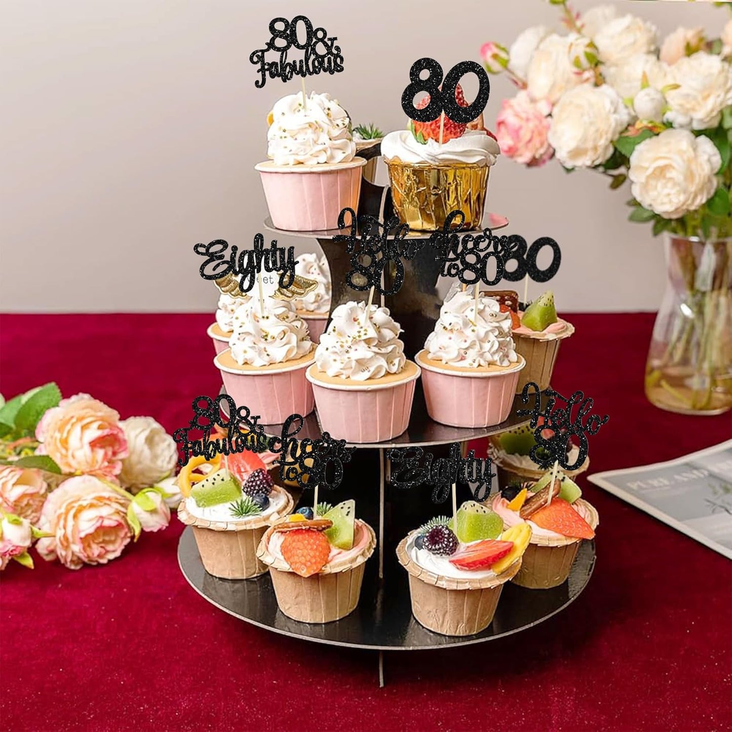 30pcs Happy 80th Birthday Cupcake Toppers - Eighty Cheers to 80 Years Old - Black Glitter