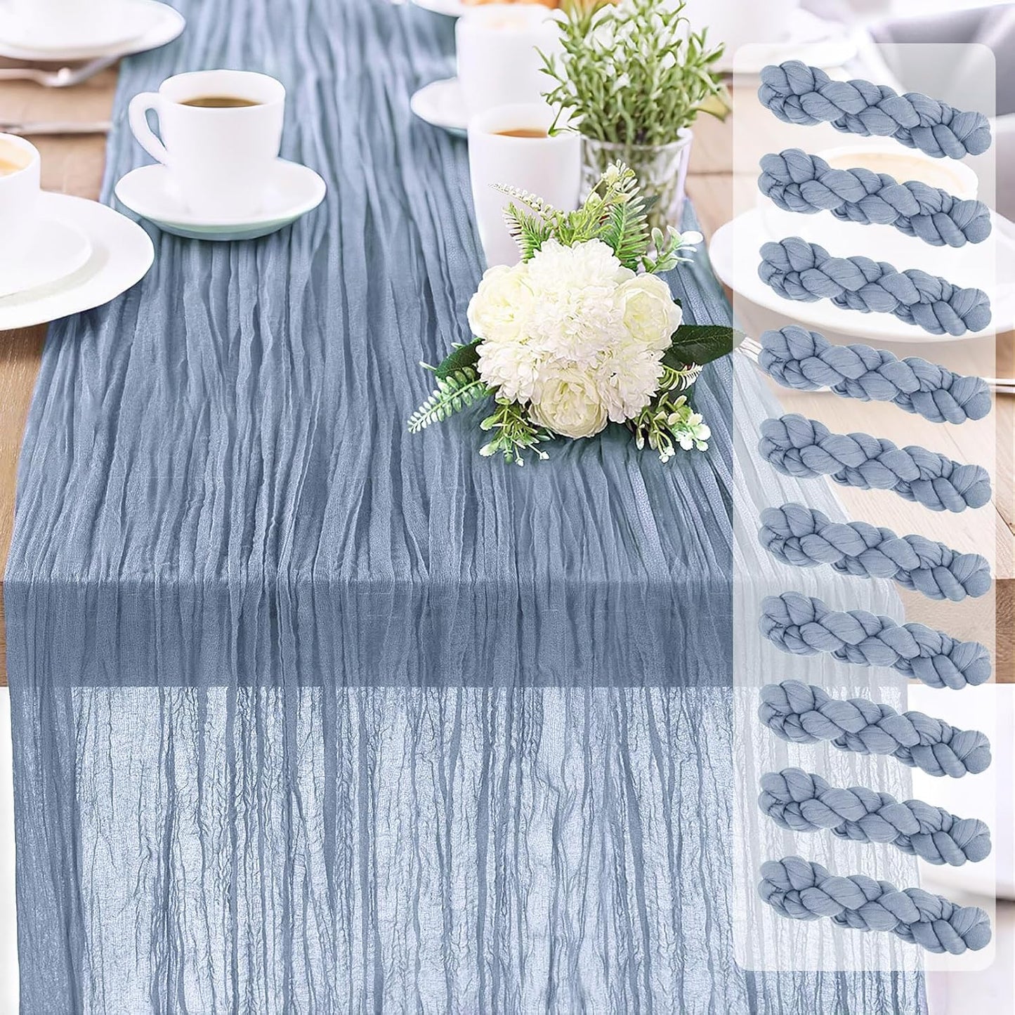 10-Pack Dusty BlueCheesecloth Table Runners – 10FT (35x120 Inch) Boho Rustic Gauze Fabric Cheese Cloth Table Runner for Weddings, Baby Showers, Bridal Shower, Farmhouse & Birthday Party Decor