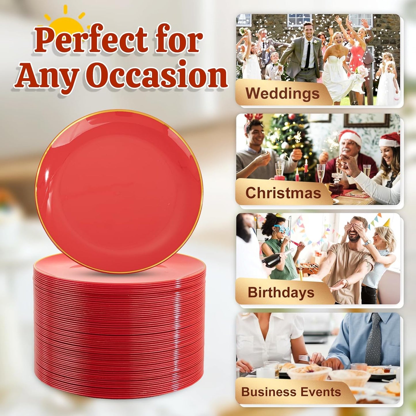 Festiva 200Pcs Red Gold Dessert Plates 6.3" with Plastic Forks 5"-Small Disposable Plates- Dessert/Cake/Appetizer Plastic Plates include 100Plates 100Forks for Christmas Party&New Year