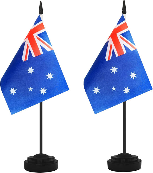 2 Pack Australia Desk Flag Set, Australian Desktop Small Miniature Table Office Flag with 12" Black Pole and Black Base, Offices, Classroom, Home, Festival Decoration (Australia)