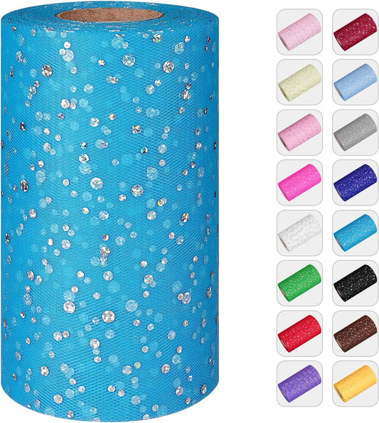 Glitter Tulle Rolls, 6” by 50 Yards (150FT) Netting Fabric Tulle for Tutu Skirts Sewing Birthday Wedding Party Decoration (Peacock Blue)