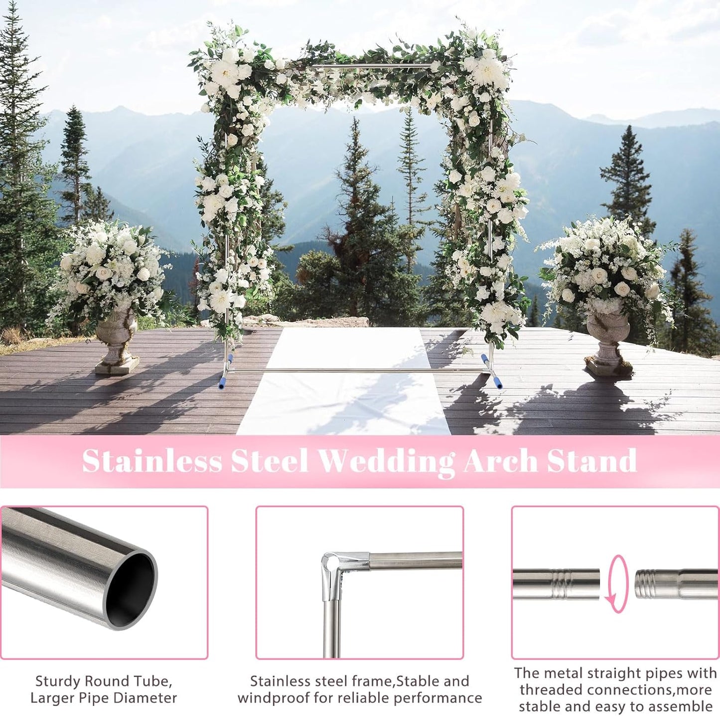 Wedding Arch Backdrop Stand,7x6 FT Metal Arch Backdrop Stand for Ceremony Square Stainless Steel Arched Frame Decoration for Wedding,Birthday,Party,Anniversary,Baby Shower,Garden Decorations