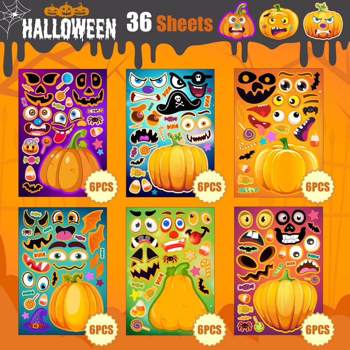 36 Sheets Halloween Stickers for Kids, Make A Pumpkin Face Stickers, Halloween Pumpkin Decorating for Kids Toddlers Party Favors Treats Party Games Goody Bag Filler