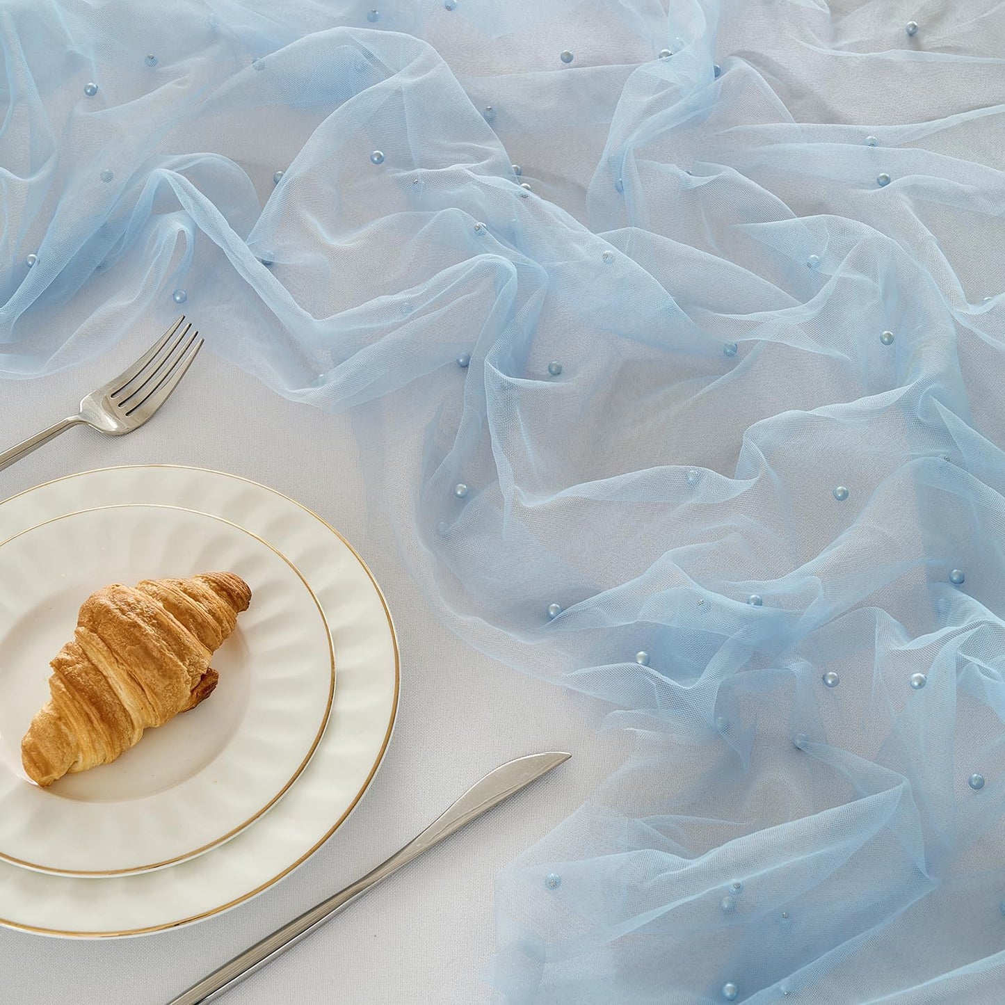 Fanami 6 Pack Pearl Table Runner -10FT Dusty Blue Boho Tulle Table Runners 120 Inches Long Rustic Sheer Lace Fabric Centerpieces for Wedding Arch Birthday Party Bridal Veil Baby Shower Decorations