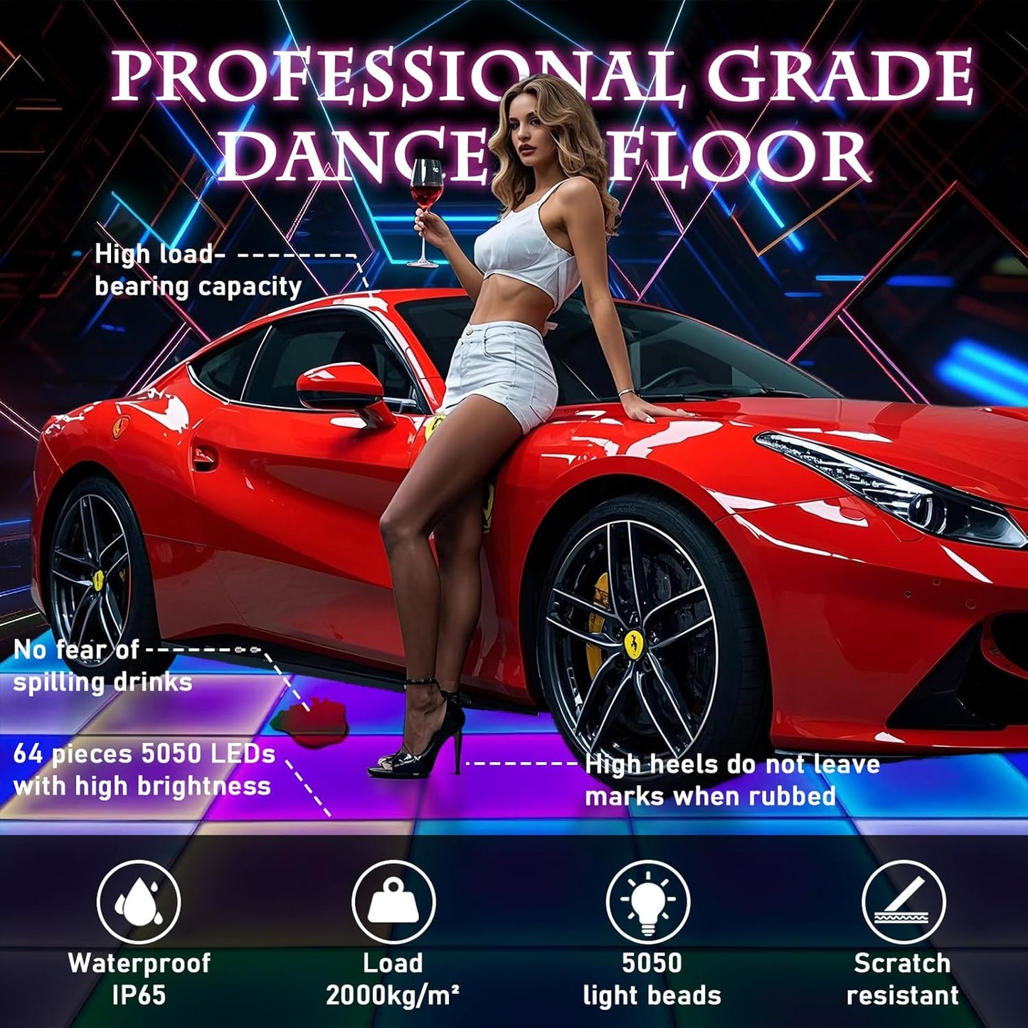 Dance Floor Stage Lights-Tempered Glass with Flight Case - RGB Color Changing Lights for Wedding, Party, Club - Non-Slip (RGB-Magnetic, 12 * 12 FT)