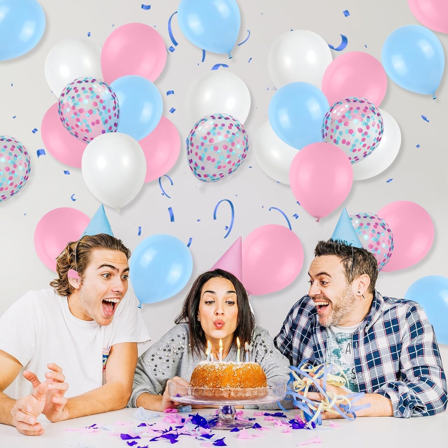 Pink and Blue Balloons Set, 12 Inch Pastel Pale Blue Pink Confetti Latex Balloons, Light Blue Pink White Balloon Kit for Boy or Girl Gender Reveal Party Birthday Baby Bridal Shower Decorations