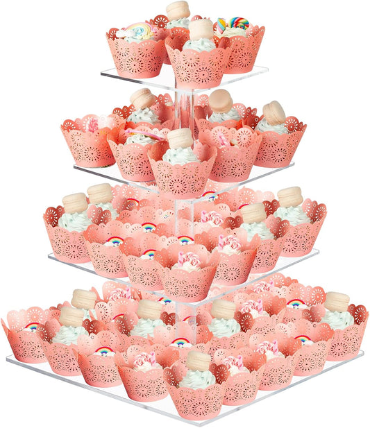 Cupcake Stand, 4 Tier Square Acrylic Cupcake Display Stand Holder, Clear Dessert Pastry Tower for Wedding, Birthday, Theme Party, Baby Shower