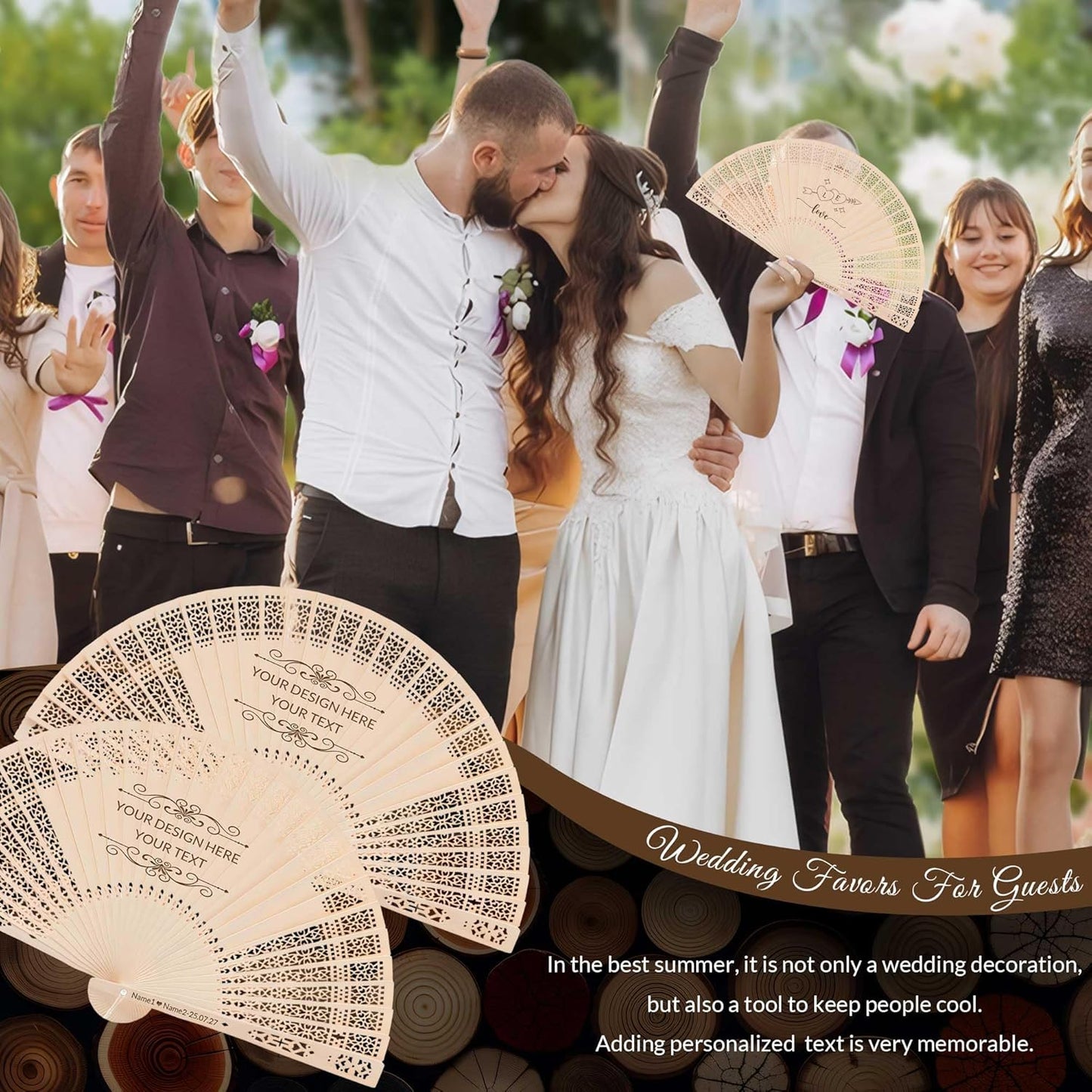 50 PCS Custom Fans Personalized Folding Fans for Line Dancing Wooden Hand Fan Wedding Favors Bulk Fans for Guests Party Event Use (Style05)