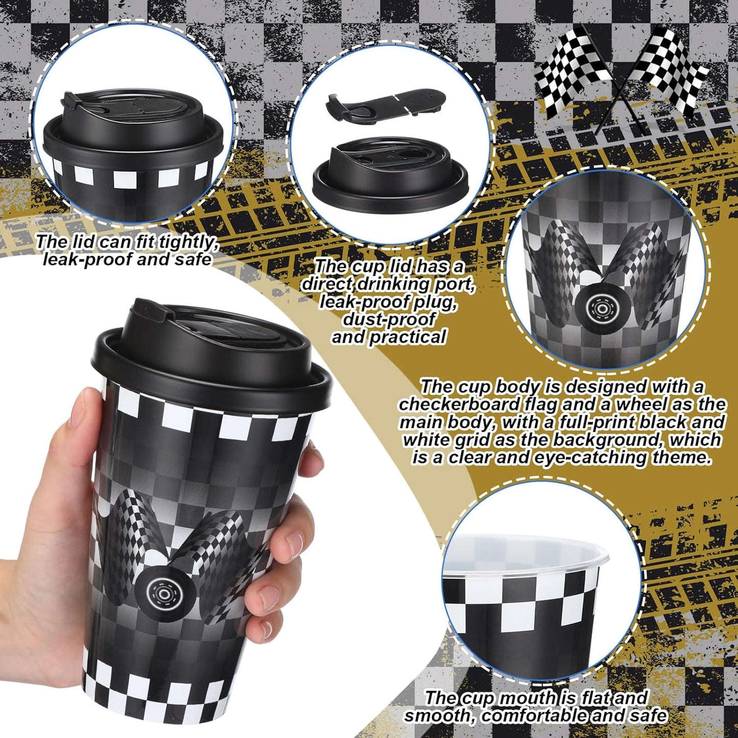 Yungyan 24 Sets Checkered Flag Party Favors Goodie Cups with Lids and Straws for Birthday Decorations Reusable 16oz Plastic Candy Cups Plastic Straws for Birthday Party (Checkered Flag)