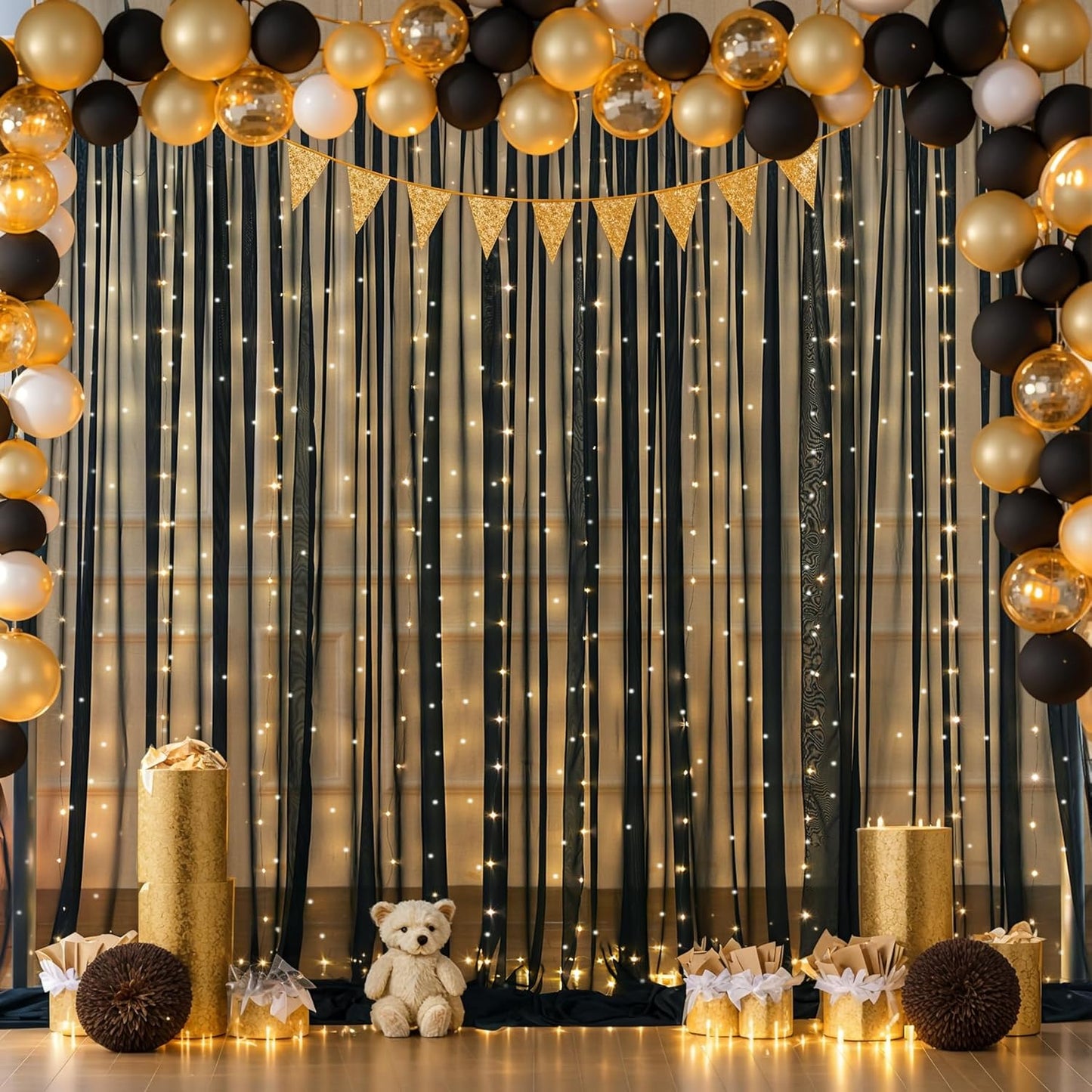 10x10ft Black Chiffon Backdrop Curtain with Lights for Wedding Birthday Parties, Wrinkle Free Backdrop Curtains with Lights for Halloween Baby Shower Gender Reveal Photo Shoot (5 x 10ft,2 Panels)