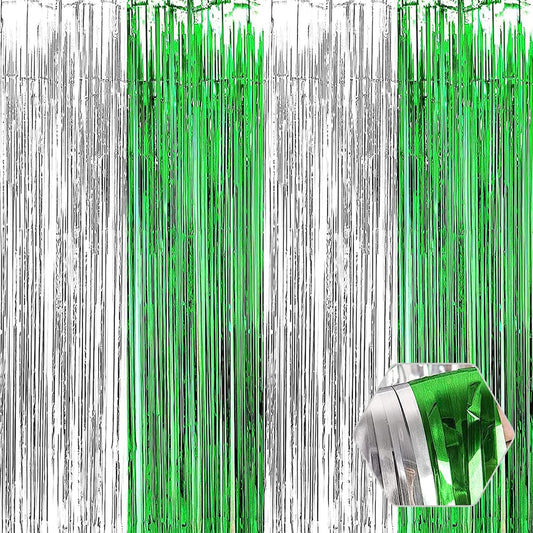 3 Pack Silver Green Foil Fringe Curtain Backdrop, 3.28Ft x 8.2Ft Metallic Tinsel Foil Fringe Streamer Curtains for Photo Booth, Mother's Day, Easter, Birthday, Wedding Party Decorations