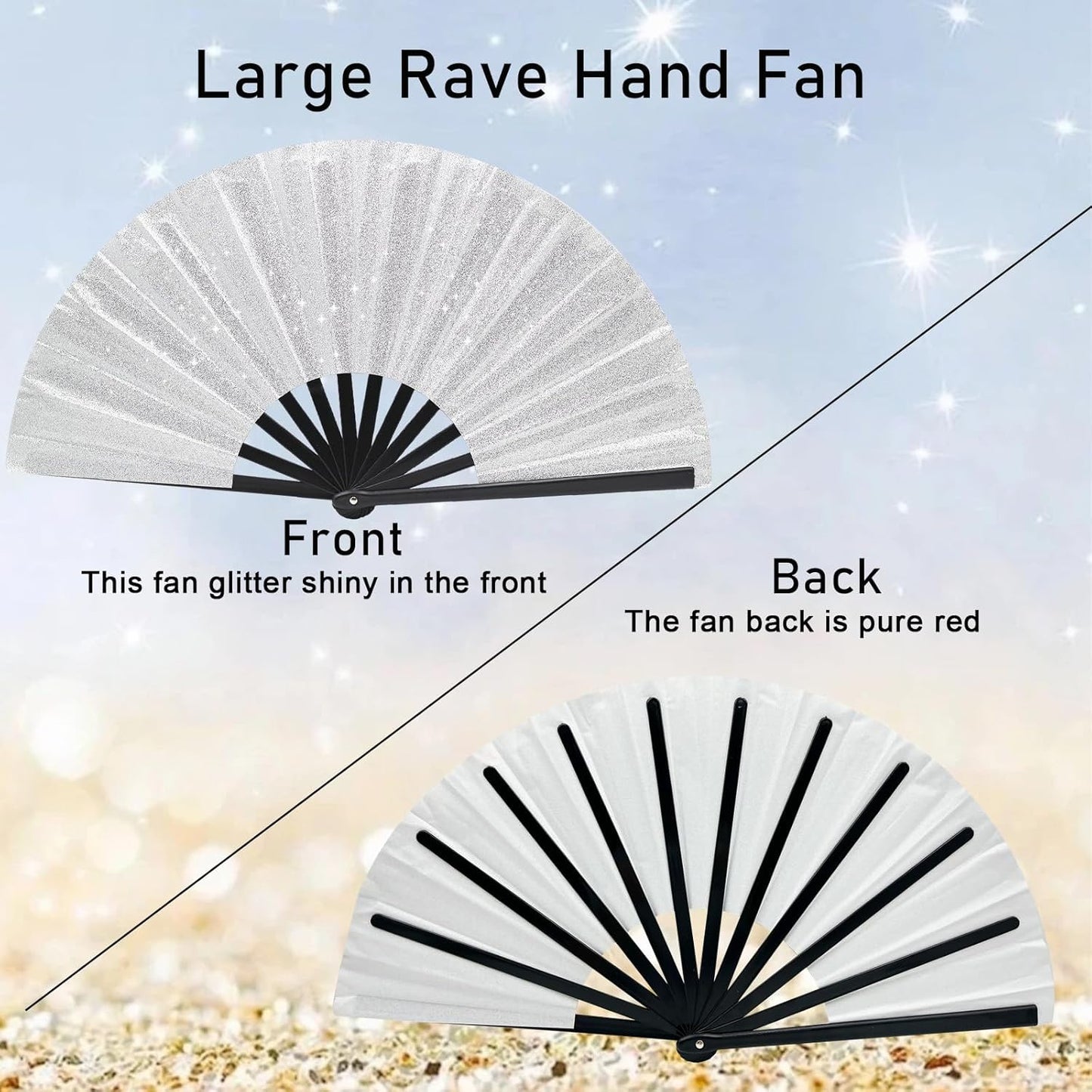 Glitter bling Large Folding Fan-Hand Fan Rave Clack Popping Fan for Line Dancing Clacking Fans for Boots On The Ground Dance, Party for EDM, Music Festival, Hot Flashes, Party, Decoration(1pcs silver)